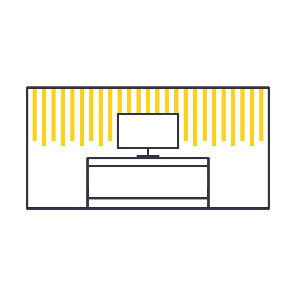 Skizze eines modernen Innenraums mit Wanddekoration, Schreibtisch, Computer und gelb-gestreifter Wand.