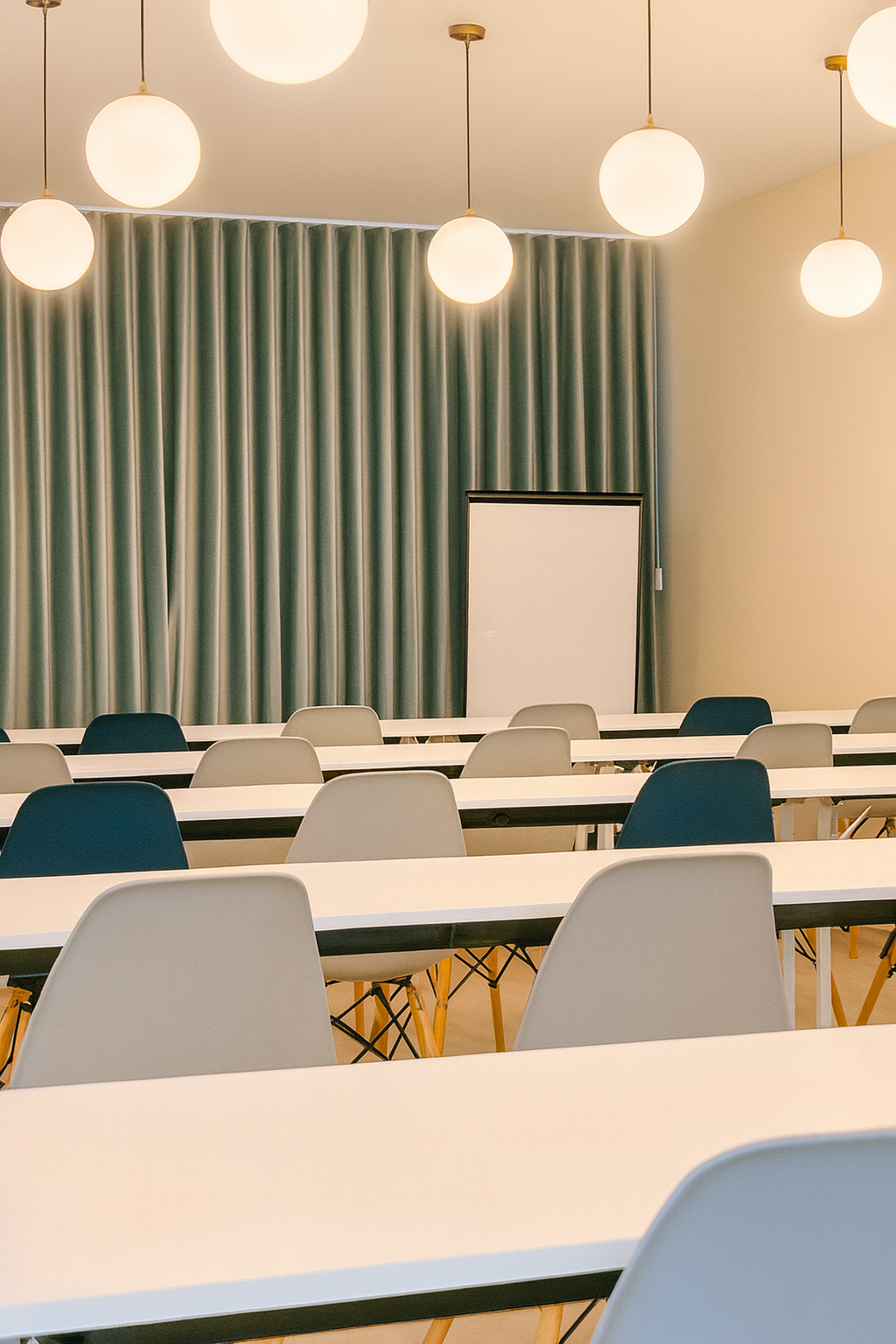 Empty classroom with white tables, gray and dark blue chairs, green curtains, whiteboard, and hanging globe lights.