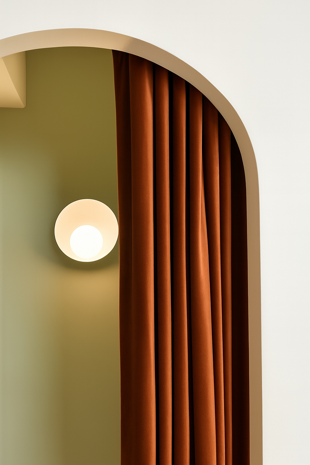 Interior space with a wall-mounted round white light fixture on a muted green wall, and red curtains hanging inside an arched doorway with a white frame.