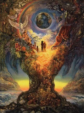 A surreal painting of a large tree with a face, featuring a cosmic background, rainbows, animals, people, and celestial elements.
