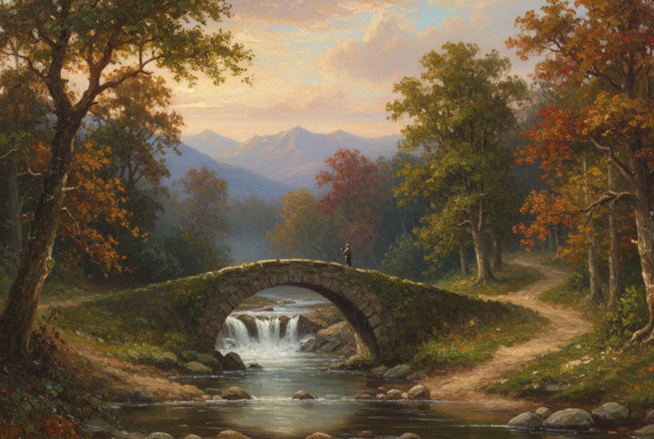 A scenic landscape painting of a mountain stream passing under a stone bridge, surrounded by autumn-colored trees, with mountains in the background and a cloudy sky.