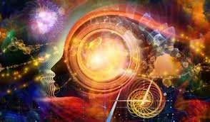 Abstract digital art with a bright central light, swirling patterns, and geometric shapes representing space and technology.