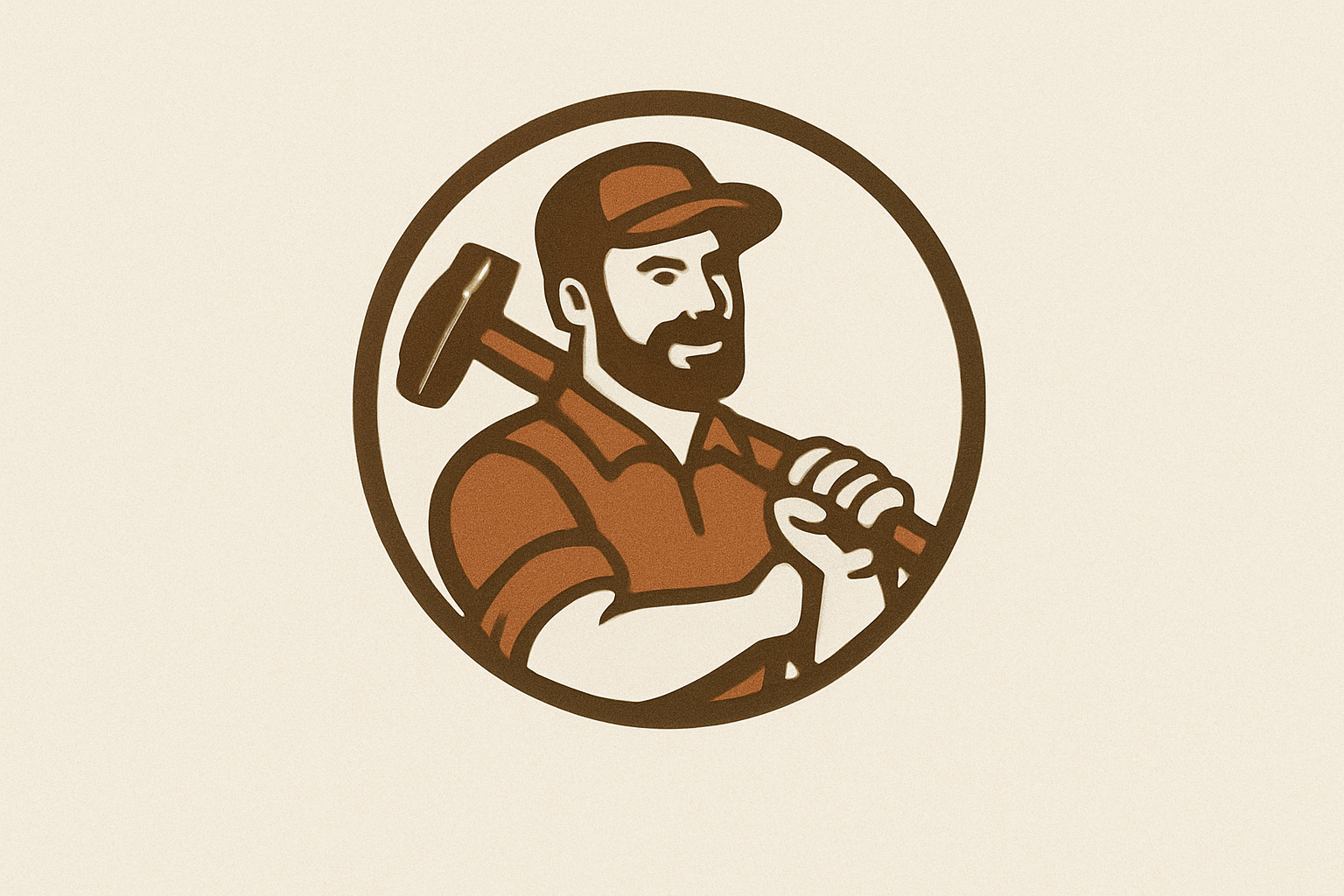 Illustration of a man with a beard wearing a cap and work shirt, holding a hammer over his shoulder.