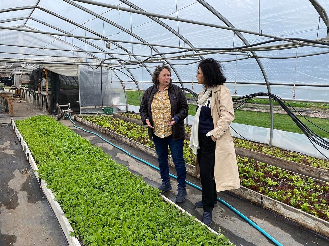 Two women discussing project progress at Shelburne Farms with plants being grown in a greenhouse