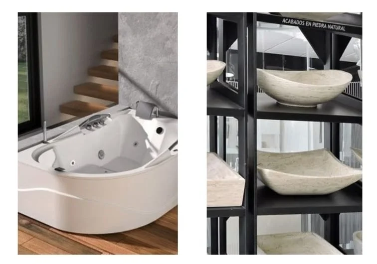 Imagen dividida en dos: a la izquierda, una bañera rectangular blanca en un baño moderno con pared de piedra y ventana; a la derecha, estantes negros con recipientes de piedra natural en forma de cuenco.