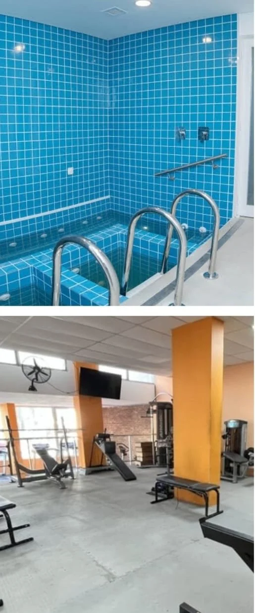 Primera imagen muestra una piscina cubierta con paredes y floor de azulejos azules y escaleras de metal. Segunda imagen muestra un gimnasio con máquinas de ejercicio y un televisor en un espacio con paredes en tonos naranja y techo beige.