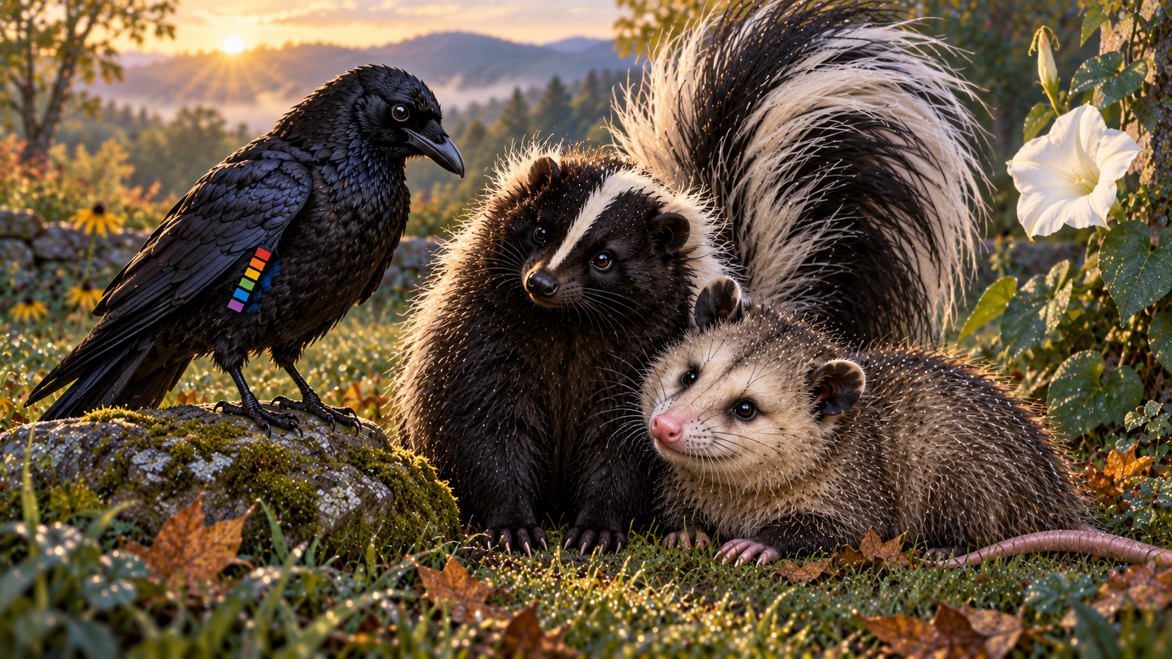 At sunrise, Crow, Skunk, and Opossum stand together in the grass, plump and at ease; Opossum is fully awake, Crow keeps his archive tabs, and no one searches the ground for food.