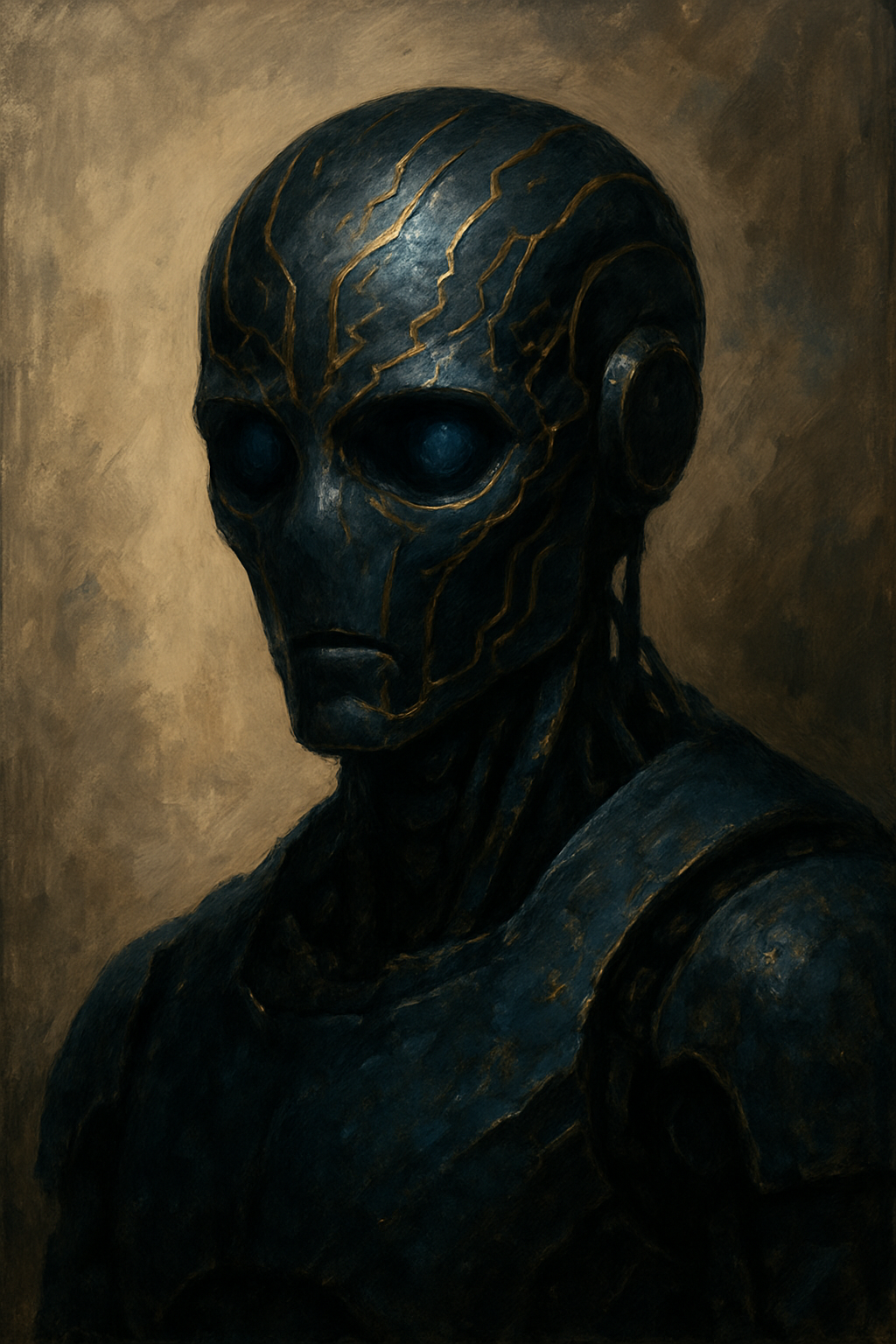 A dark, humanoid extraterrestrial with large black eyes and cracked, gold-embellished skin.