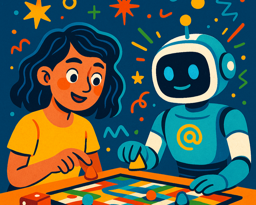 A young woman with dark hair and a yellow shirt is playing a board game with a robot with a digital face and '@' symbol on its chest. They are smiling, and the background is decorated with colorful stars, confetti, and squiggly lines.