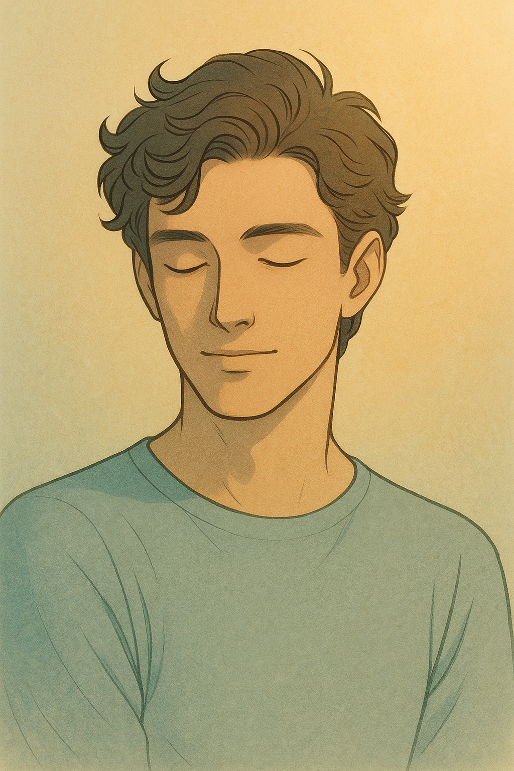 An illustration of a young man with wavy brown hair, closed eyes, and a slight smile, wearing a light green shirt, with a soft neutral background.