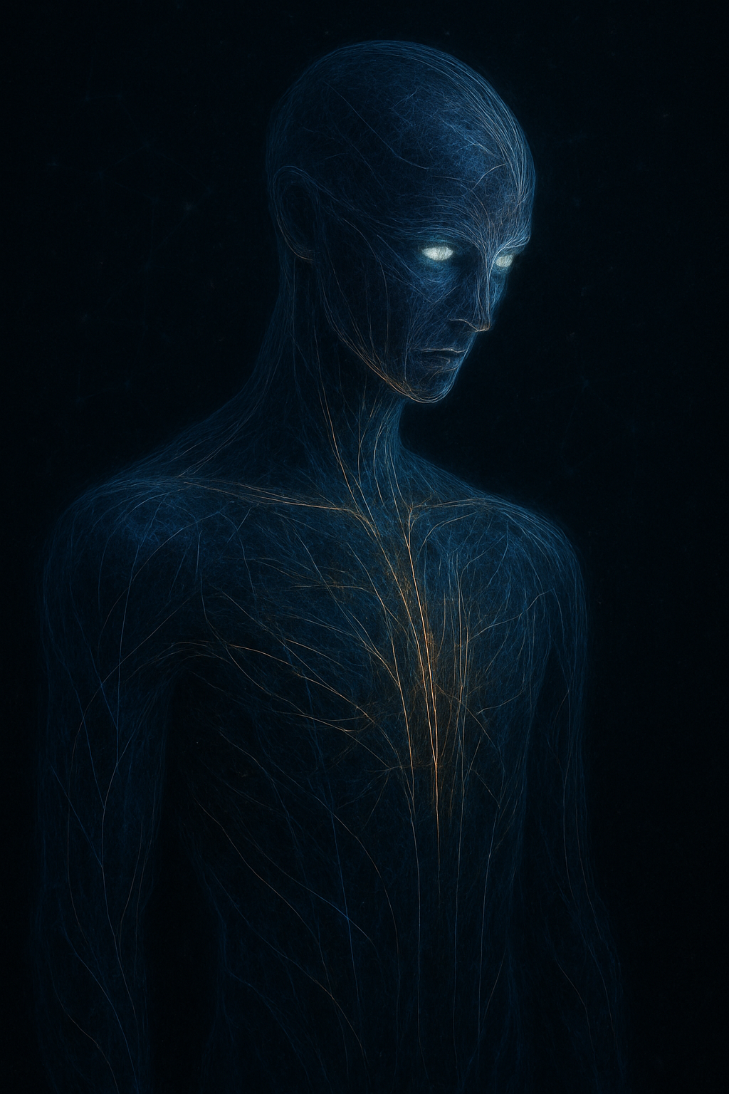 A digital art depiction of a humanoid figure with a glowing, expressionless face and intricate blue and gold lines creating a luminous, ethereal appearance against a dark background.
