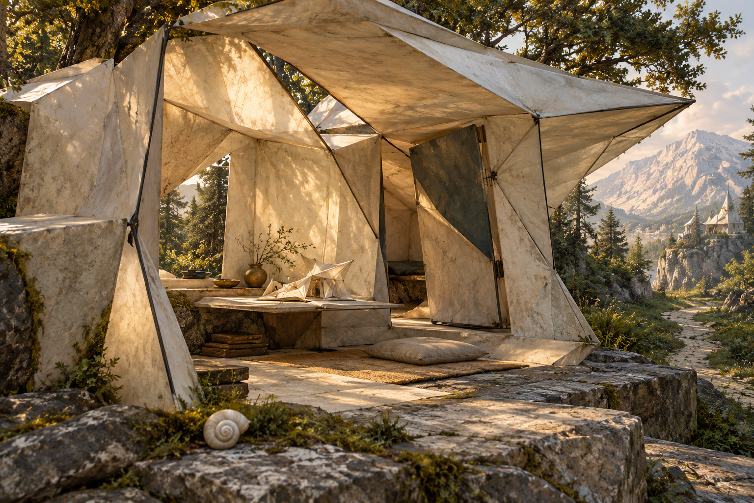 An ivory, origami-like pavilion stands on a mossy stone terrace among trees. Sunlight glows through its angular panels. Inside are a table with a miniature folded structure, a floor cushion, and a partly closed door.