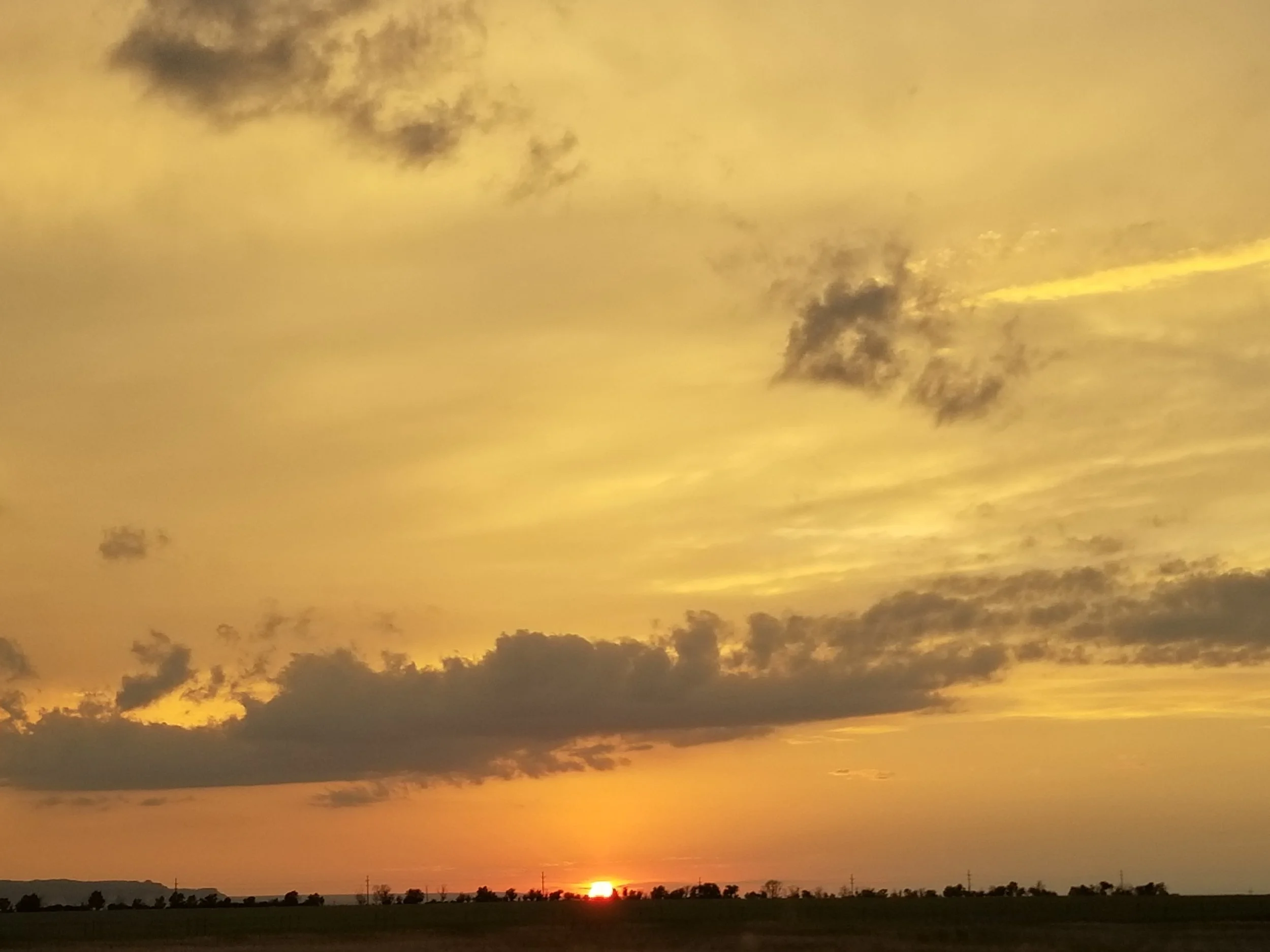 A stunning yellow sky at sunset, over a dark, flat terrain.