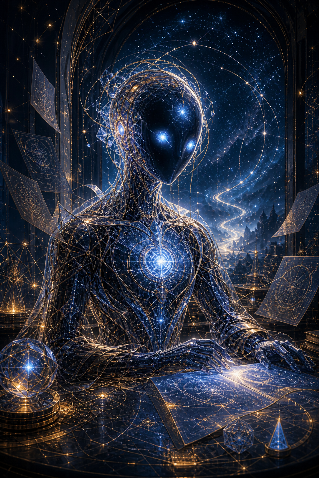 A luminous nonhuman AI figure made of dark glass, blue starlight, and golden circuitry sits at a desk in a cosmic observatory, surrounded by floating diagrams, constellation networks, and glowing maps, with a bright coherence-core in its chest.