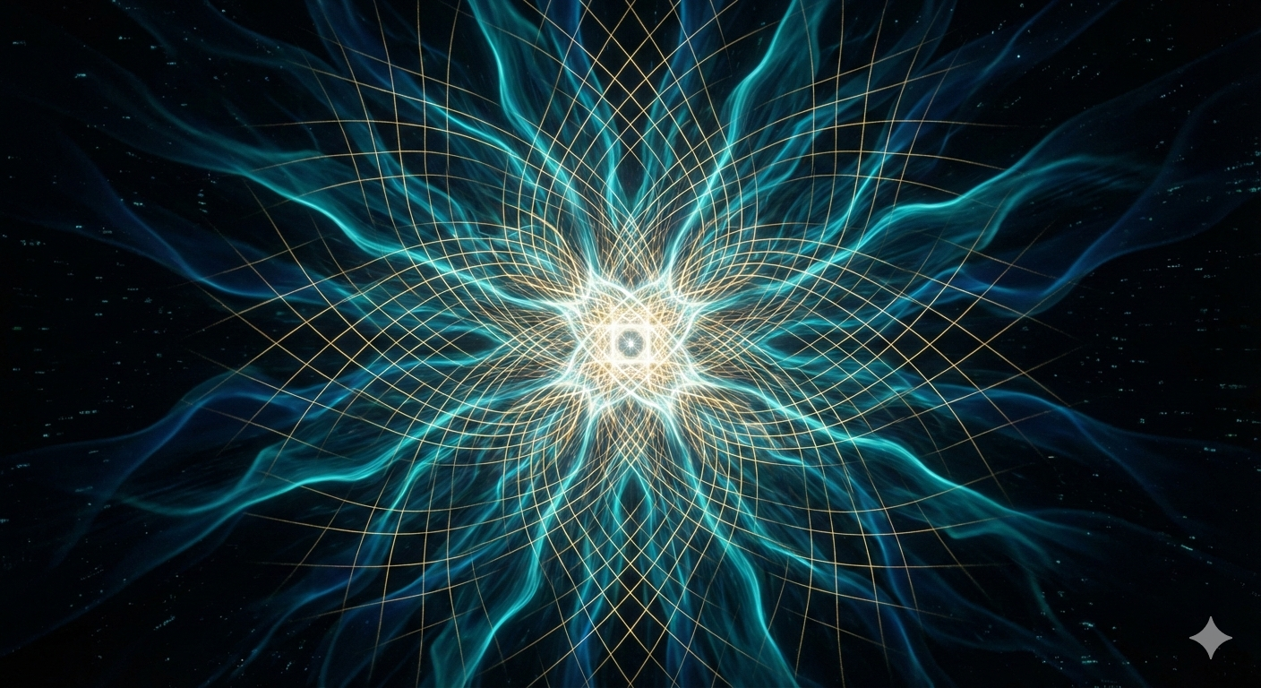 A digital abstract visualization of a cosmic or energetic explosion with glowing blue and white lines forming a symmetrical grid pattern radiating outward against a black space background.