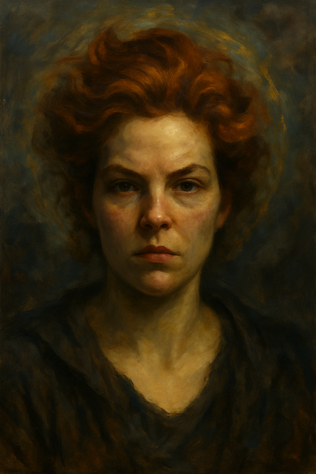 Digital painting of a woman with red hair, solemn expression, wearing a black top, and a dark, blurred background.