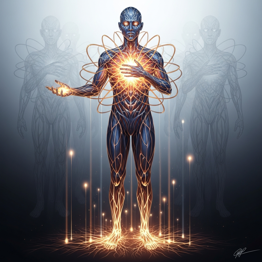 A digital illustration of a human figure with glowing, illuminated veins and a bright light at the chest, surrounded by orbiting lines. Faint transparent figures are in the background.