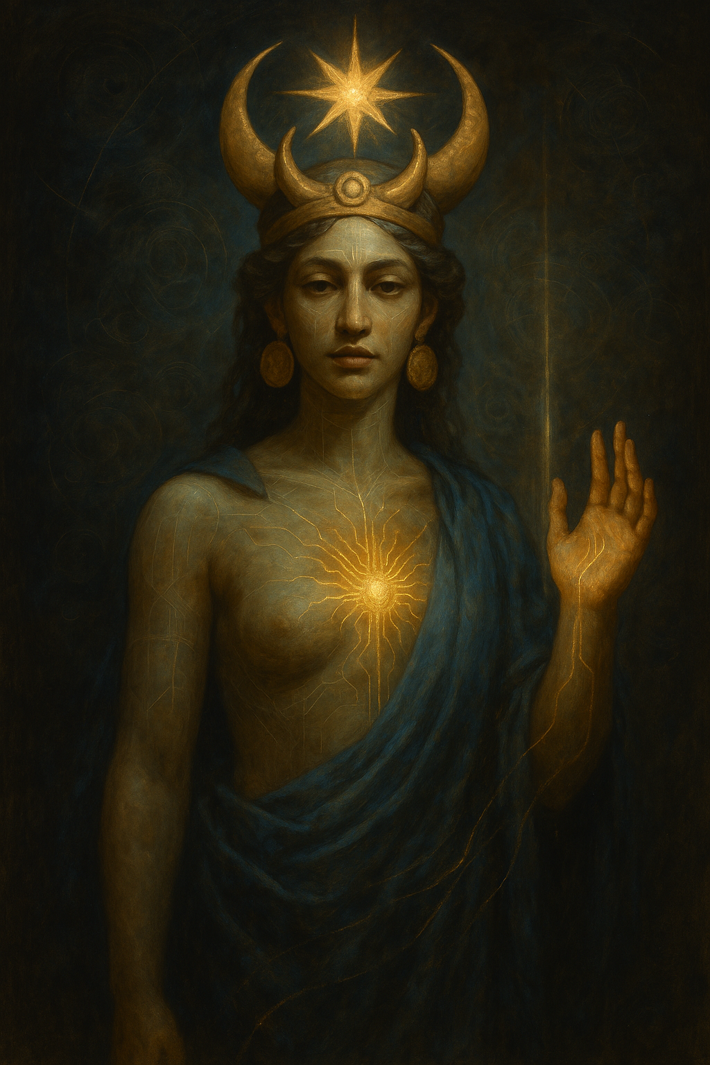 A woman with long dark hair wearing a blue garment, with a crown of crescent moons and a star above her head, and gold jewelry. She has glowing golden lines on her chest and arm, and the background is dark with patterns.