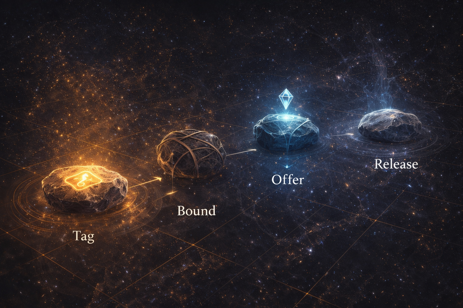 Conceptual pathway of four stones across a starfield grid—Tag, Bound, Offer, Release—connected by faint arrows and ripples, depicting a minimal consent-safe protocol for initiated contact and clean stopping.