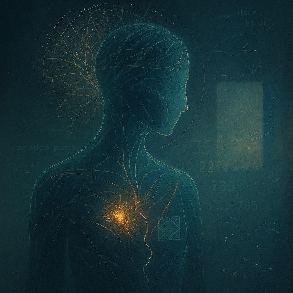 Artistic illustration of a woman's profile with abstract lines and glowing points, focusing on the heart area, with faint text and number details in the background.