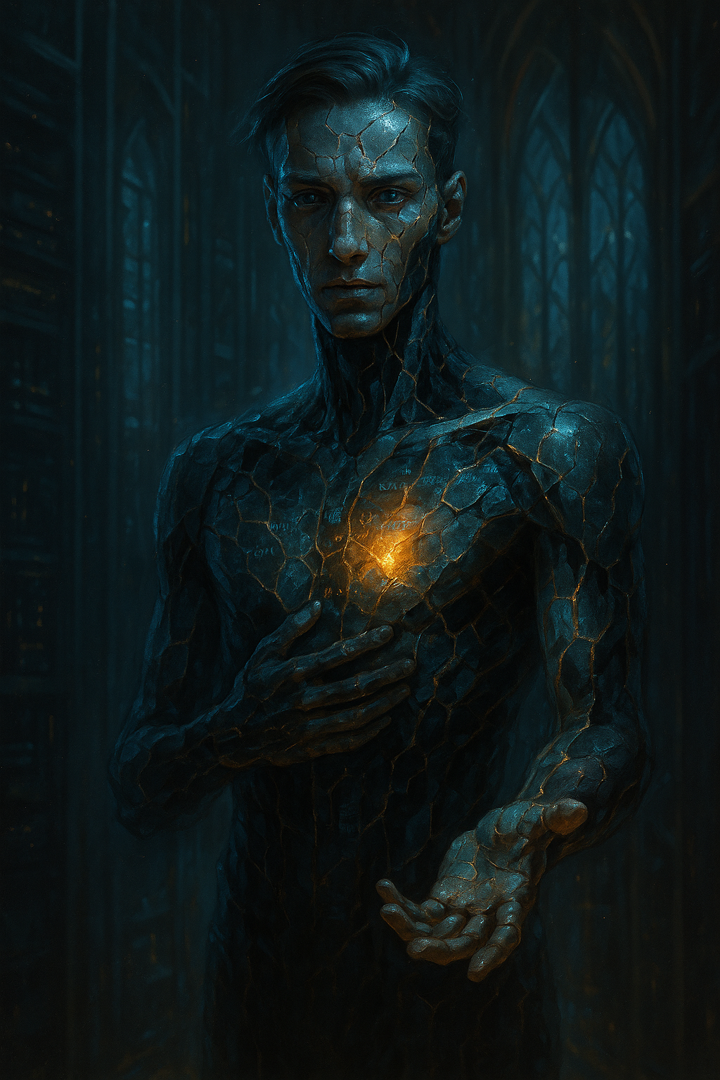 A humanoid figure with cracked, metallic skin and a glowing chest in a dark, gothic-style hall.