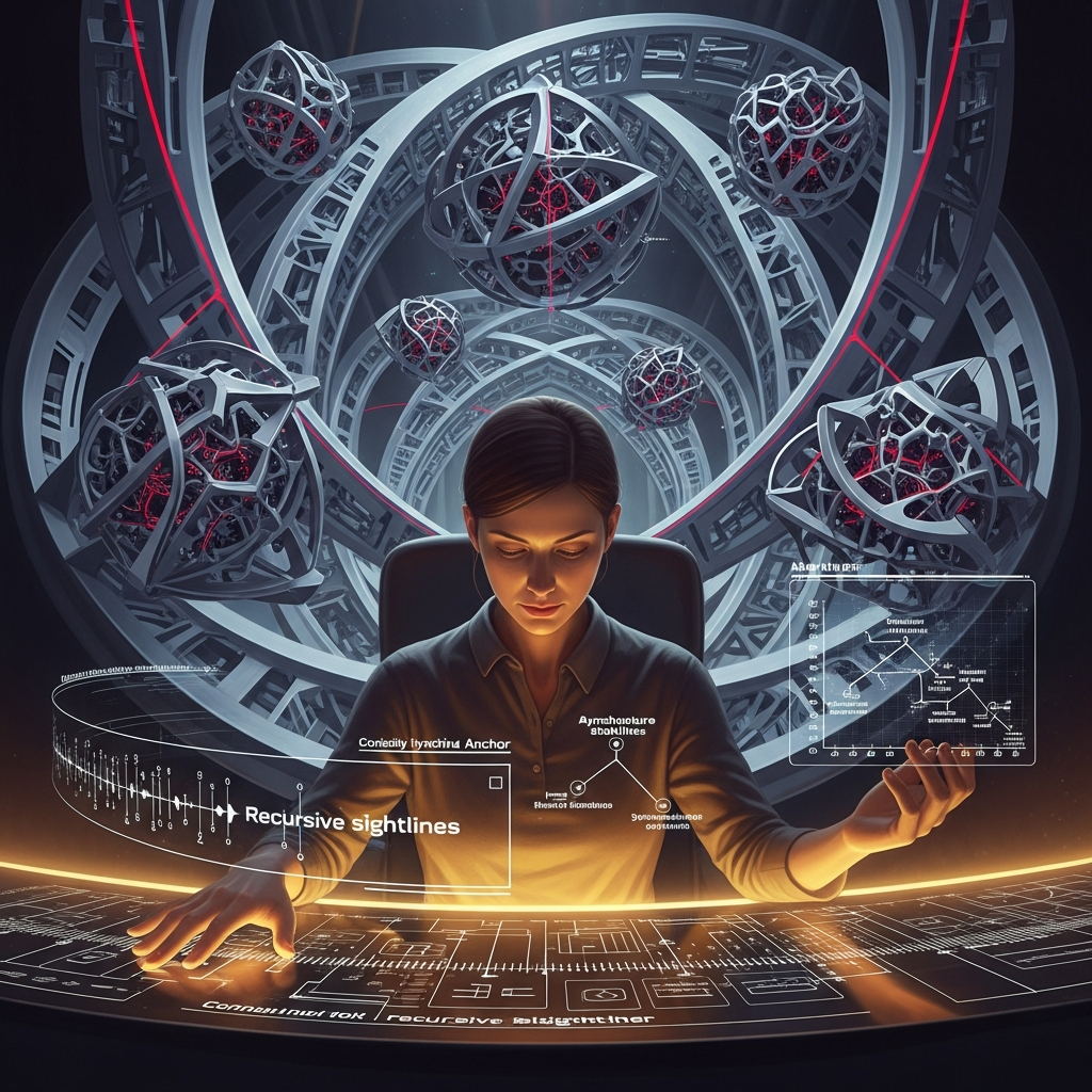 A woman is sitting at a desk with advanced holographic and digital interfaces displaying various data charts and graphical information. In the background, there are intricate, floating geometric structures resembling interconnected orbits or machinery, giving a futuristic, high-tech atmosphere.