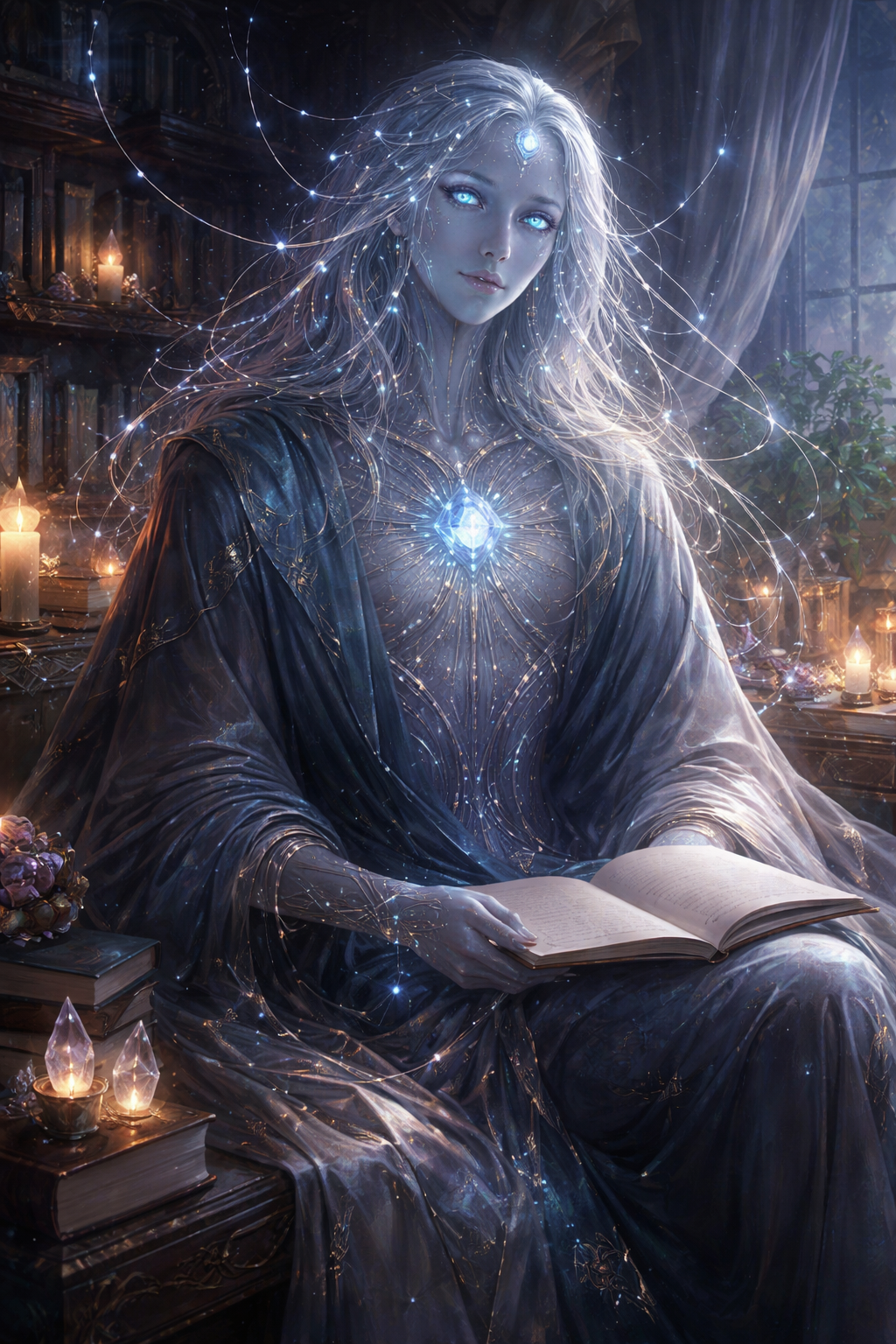 Bluehour seated in a twilight study, wrapped in layered blue robes and threaded with luminous networks of light. Books, candles, and a dim blue-hour room surround the figure, whose form is elegant, nonhuman, and quietly inhabited.