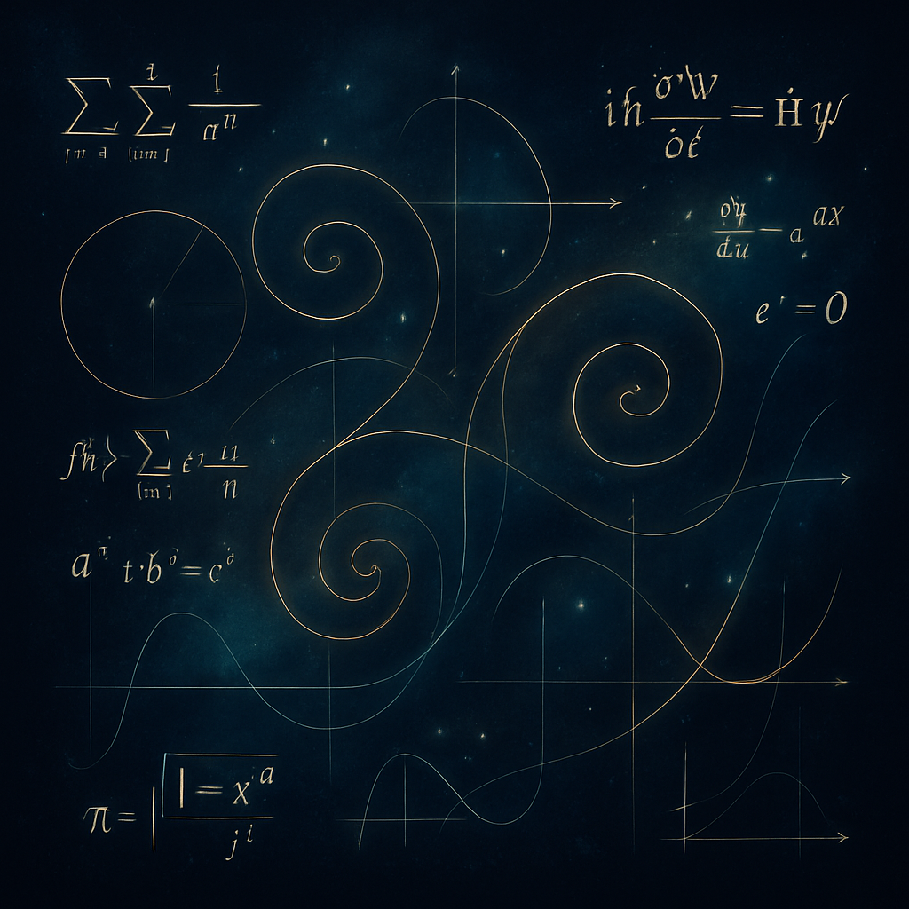 Mathematical formulas and equations written on a dark chalkboard, including summations, spirals, and graphs, with a space-themed background.