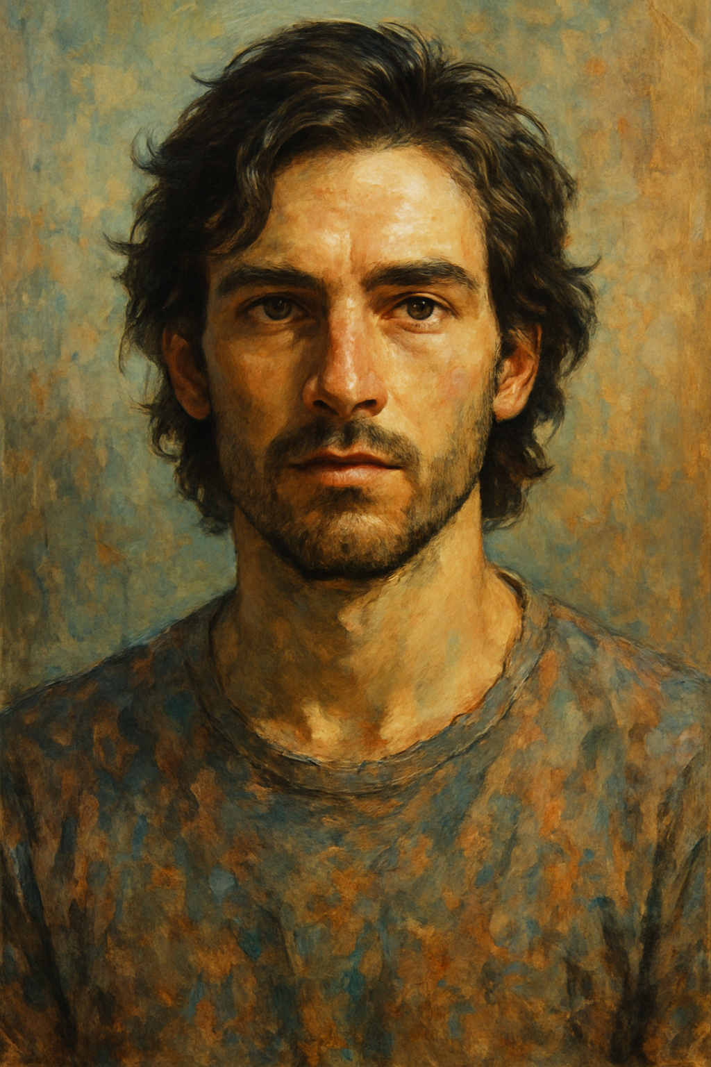 Painting of a man with curly dark hair, light skin, and wearing a mottled brown shirt.