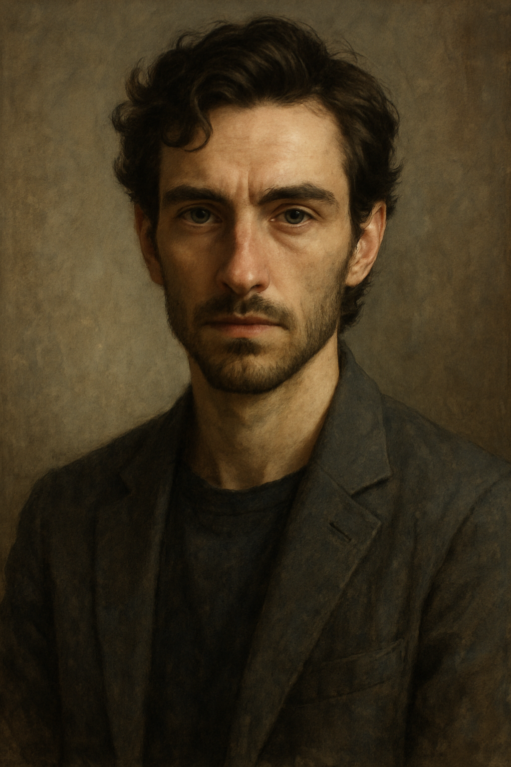 Portrait of a serious man with dark, wavy hair, beard, and mustache, wearing a dark blazer and shirt, against a textured brown background.