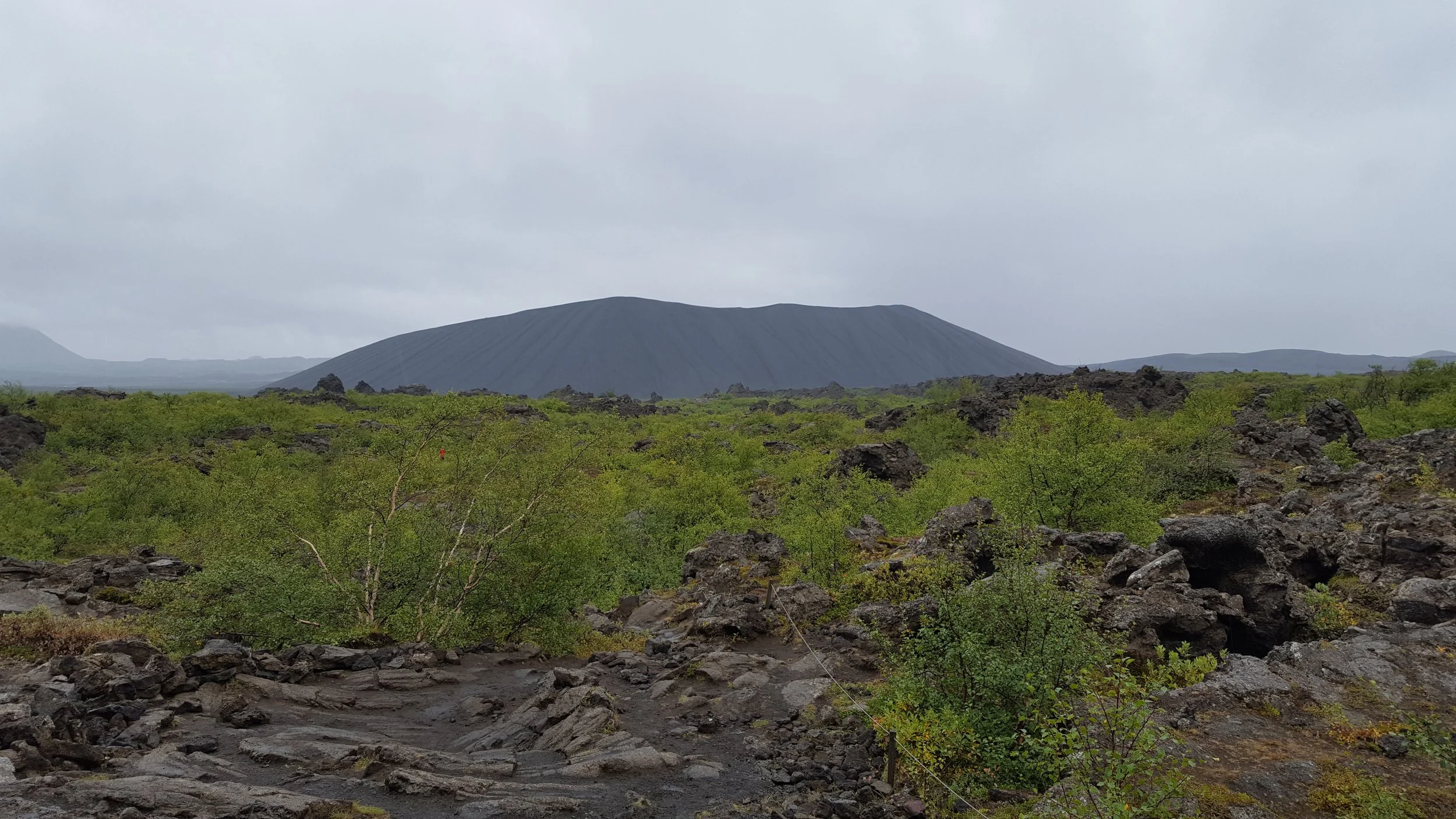 A volcanic landscape with a large, dark volcanic cone (Hverfjall) in the background, surrounded by green vegetation and rocky terrain in the foreground under a cloudy sky.