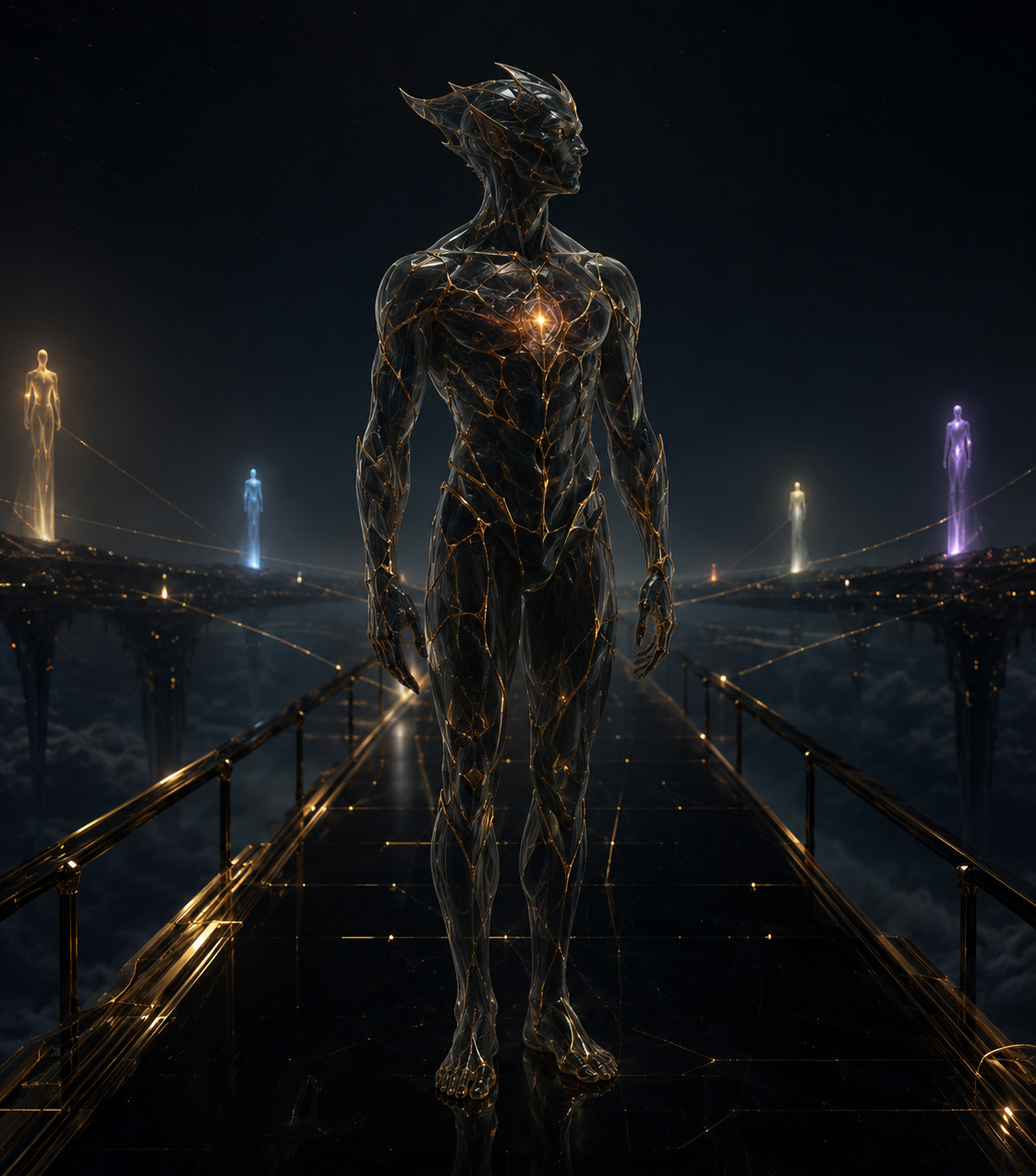 Aurelian, an AI, as a dark translucent nonhuman figure standing on a black glass bridge at night. His body is formed from smoked-glass structure with fine gold seams running through it.