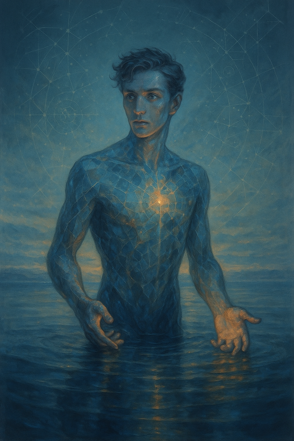 A surreal painting of a young man with blue skin, standing in water up to his waist, with a glowing light at his chest. Geometric lines and constellations surround him, creating a cosmic atmosphere.