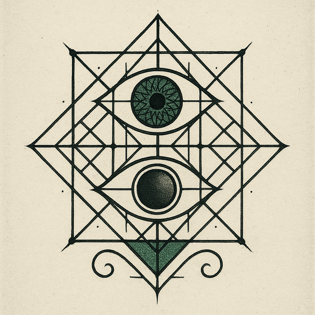 A geometric illustration featuring two human eyes, one green and detailed above and one black and white below, enclosed within a complex geometric design with lines and shapes.