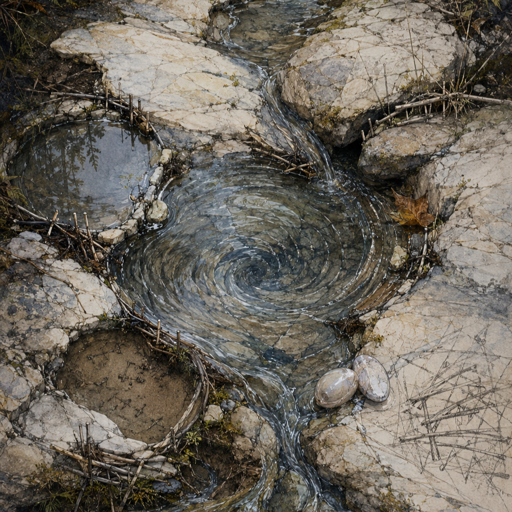 A narrow woodland stream flows over pale, veined stone into a large circular vortex before continuing downstream. Ferns, bare stems, small twig structures, two polished stones, and faint geometric markings surround the clear, dark water.