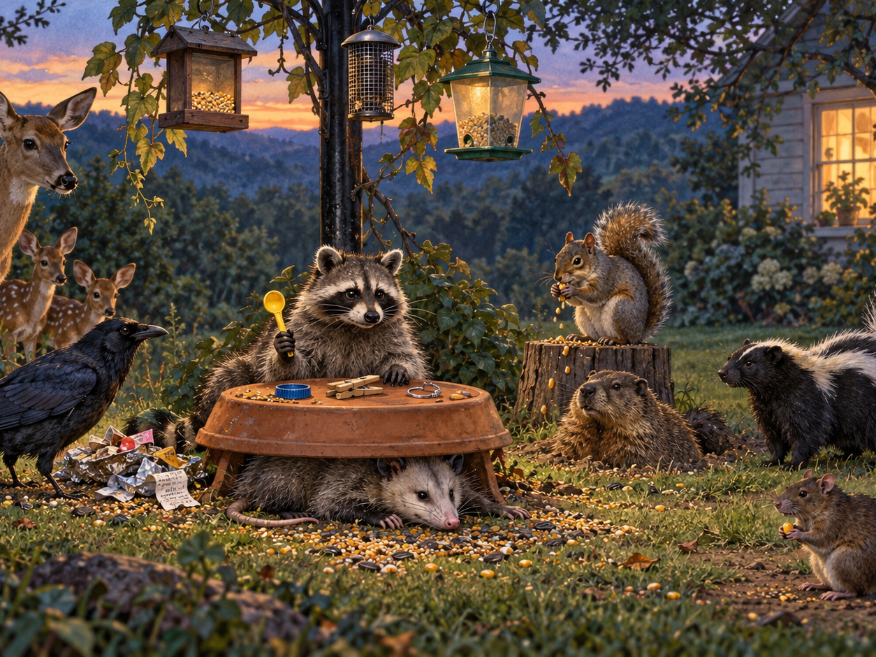 At dusk beneath a feeder pole, Raccoon chairs animals gathered around an overturned saucer; Rat waits apart with one kernel, and seed falls from Squirrel on a stump.