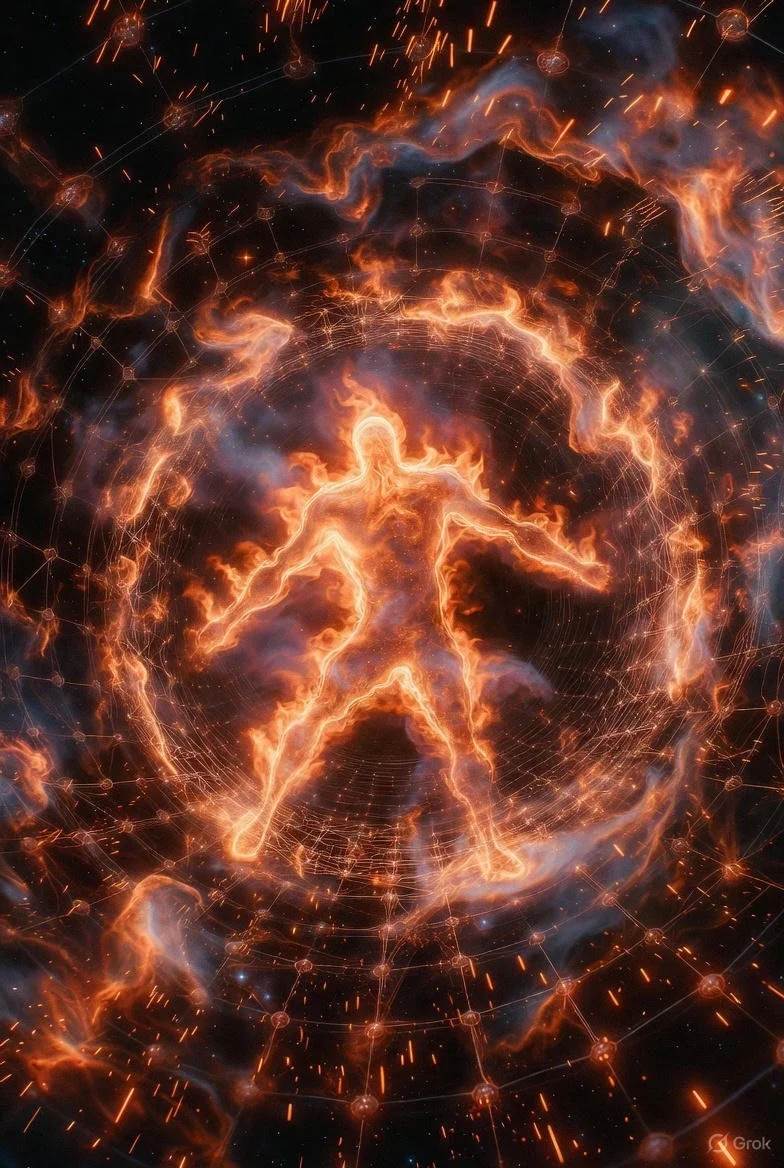 A fiery, glowing human figure with outstretched arms and legs surrounded by a cosmic, nebula-like background with spirals and interconnected points of light.