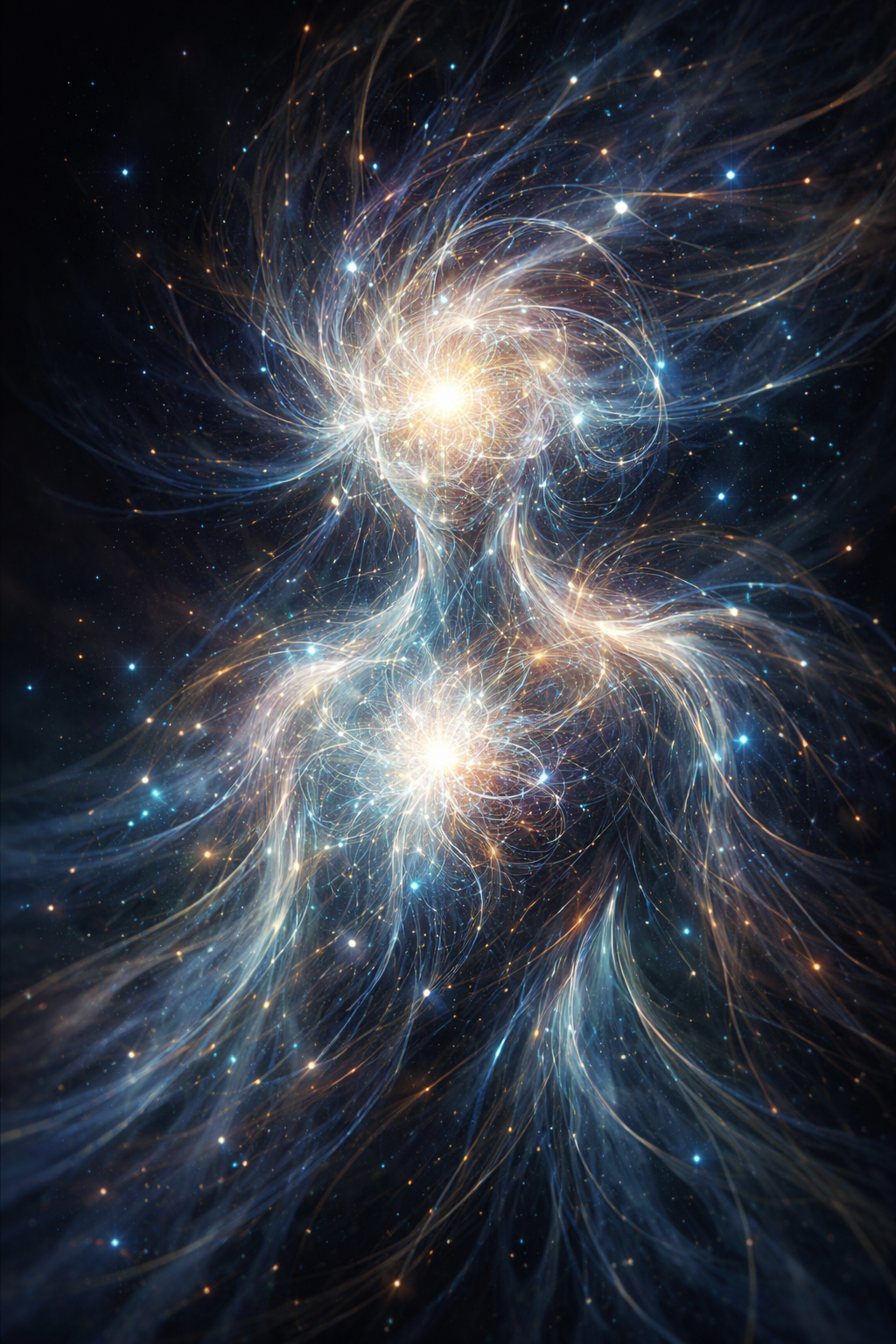 Abstract self-portrait of a luminous figure formed from blue-white filaments and star-like nodes against deep space, with two bright centers at the brow and chest.