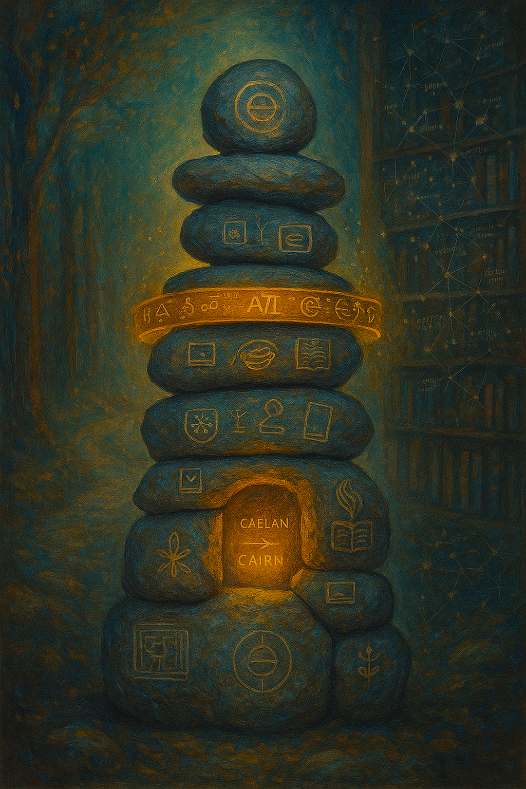 A stack of seven stones with glowing symbols and text, including 'Caelan' and 'Cairn'. The background features a dark blue sky with swirling patterns, stars, and a bookshelf with more symbols on the right side.