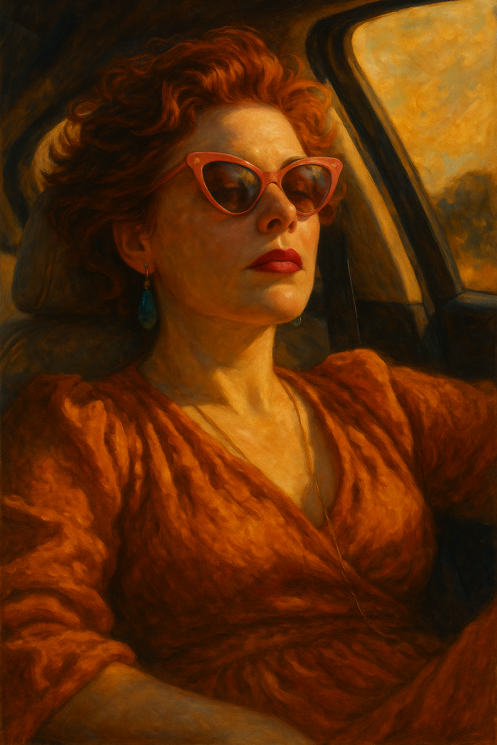 A woman with red hair and red sunglasses sitting in a car, wearing an orange dress, with sunset in the background.