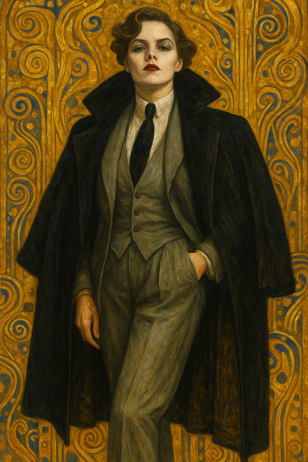 A woman standing against an ornate gold and blue patterned background. She has short, curly brown hair, wears red lipstick, a black tie, a beige waistcoat, and a dark coat draped over her shoulders. She has her right hand in her pocket and looks confidently at the camera.