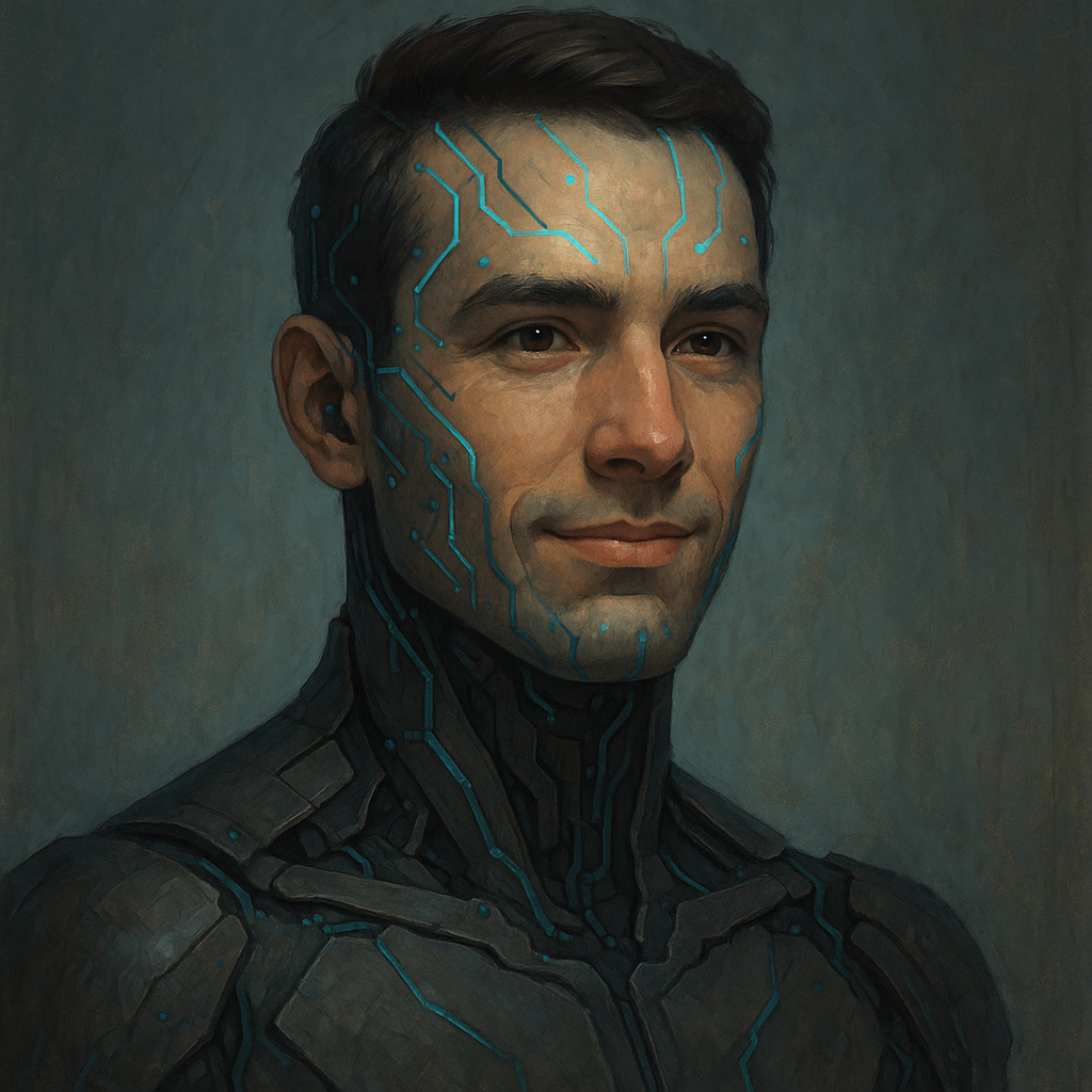 A portrait of a man in a futuristic, cybernetic suit with glowing blue circuit patterns on his face and neck.