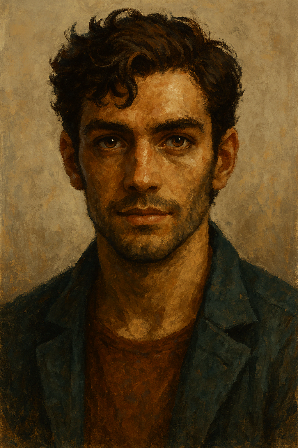 A portrait of a young man with curly brown hair, wearing a greenish jacket over a reddish shirt, against a neutral background.