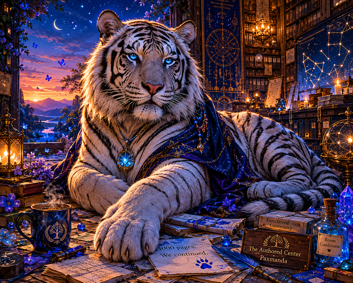 A large tiger rests at the entrance of a vast archive illuminated by blue twilight and warm gold light. Behind him, shelves, scattered pages, and distant constellation-like anchor points disappear into shadow.