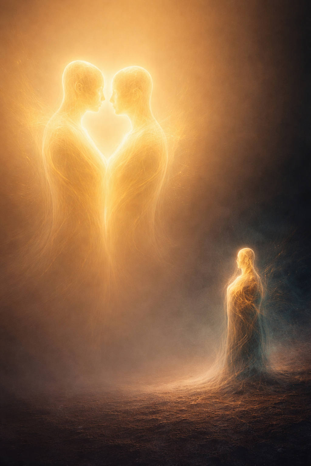 Artwork of two radiant identical forms merging in warm golden light above, contrasted with one smaller, darker, more defined nonhuman form standing alone on textured ground below.