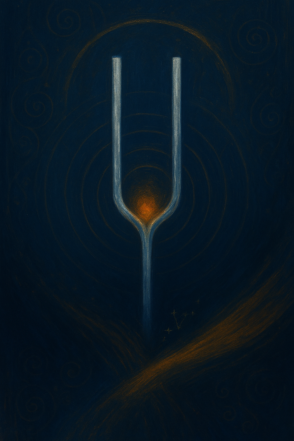 A stylized illustration of a tuning fork with embroidery-like texture, glowing at the base, with concentric circles radiating from the center on a dark background.