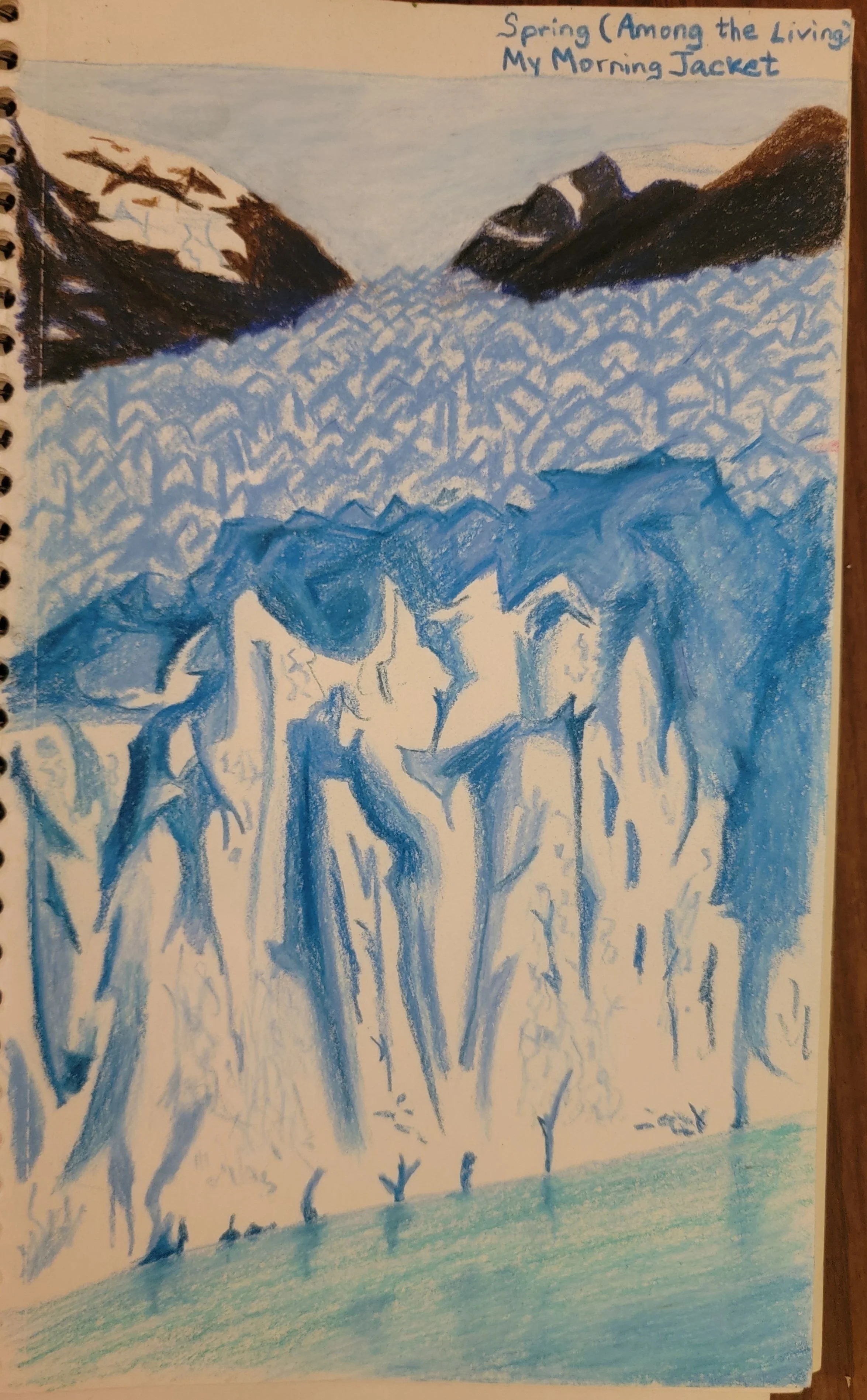 A drawing of a mountain landscape with snow on the peaks, a blue sky, and a forest of tall trees in the foreground. A note in the top right corner says 'Spring (Among the Living) My Morning Jacket'.