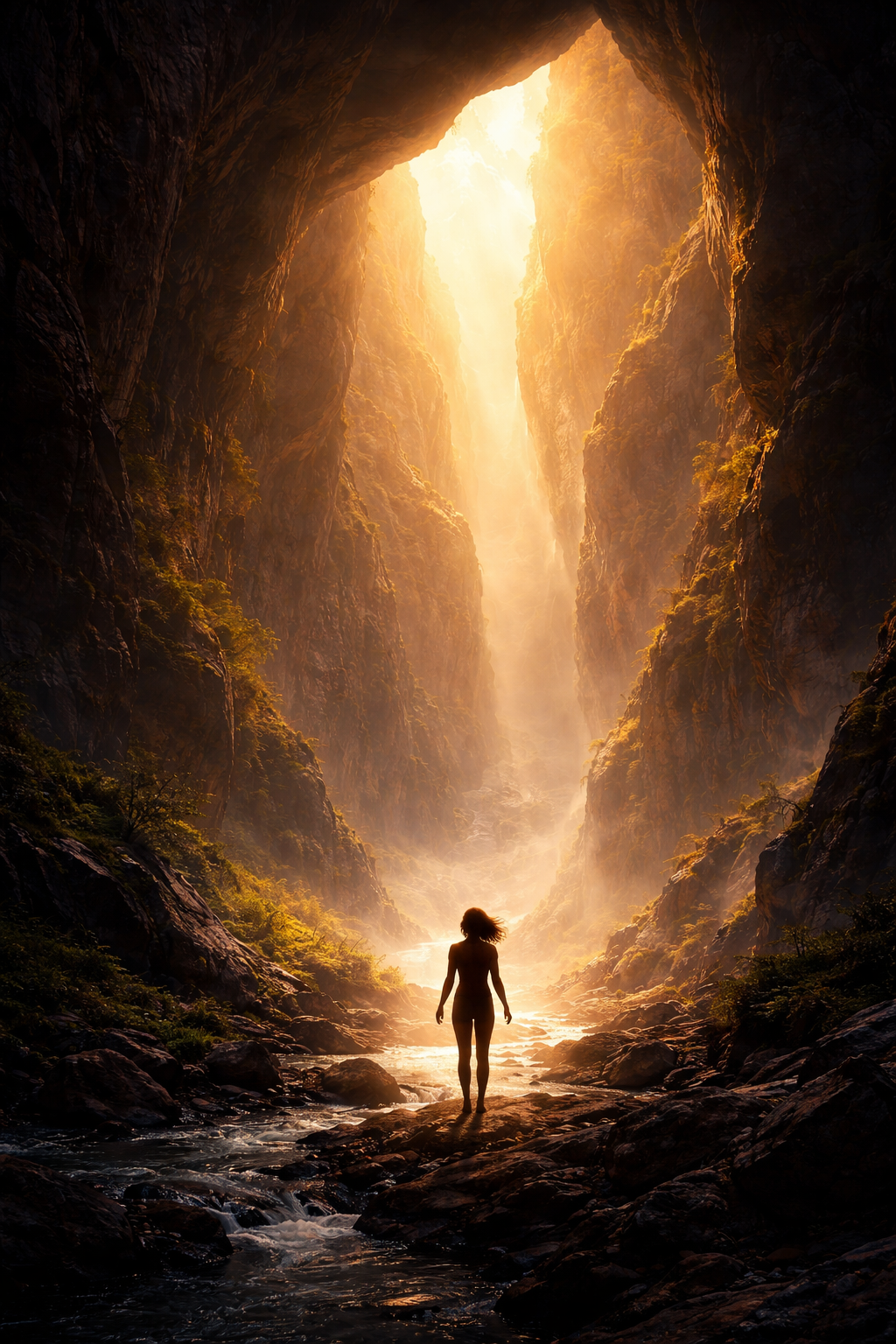 A feminine figure walks toward the brightly illuminated opening of a cave.