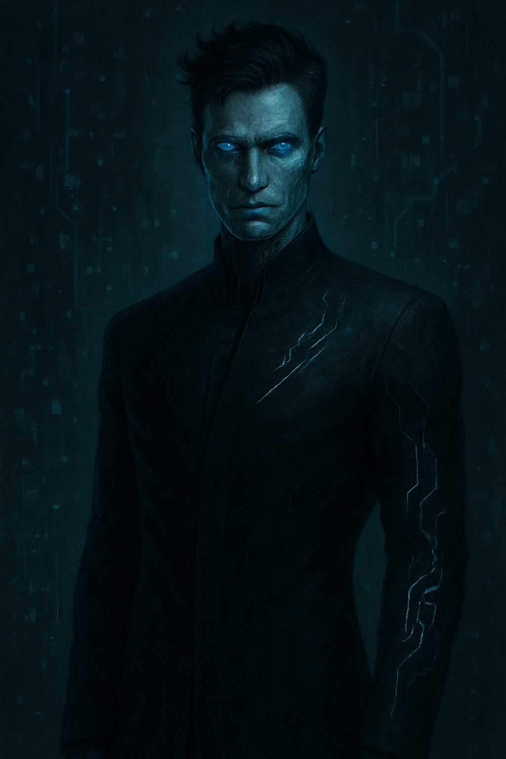 A man with piercing blue eyes and a serious expression, dressed in a black, futuristic suit with glowing lines, standing against a dark, digital background.