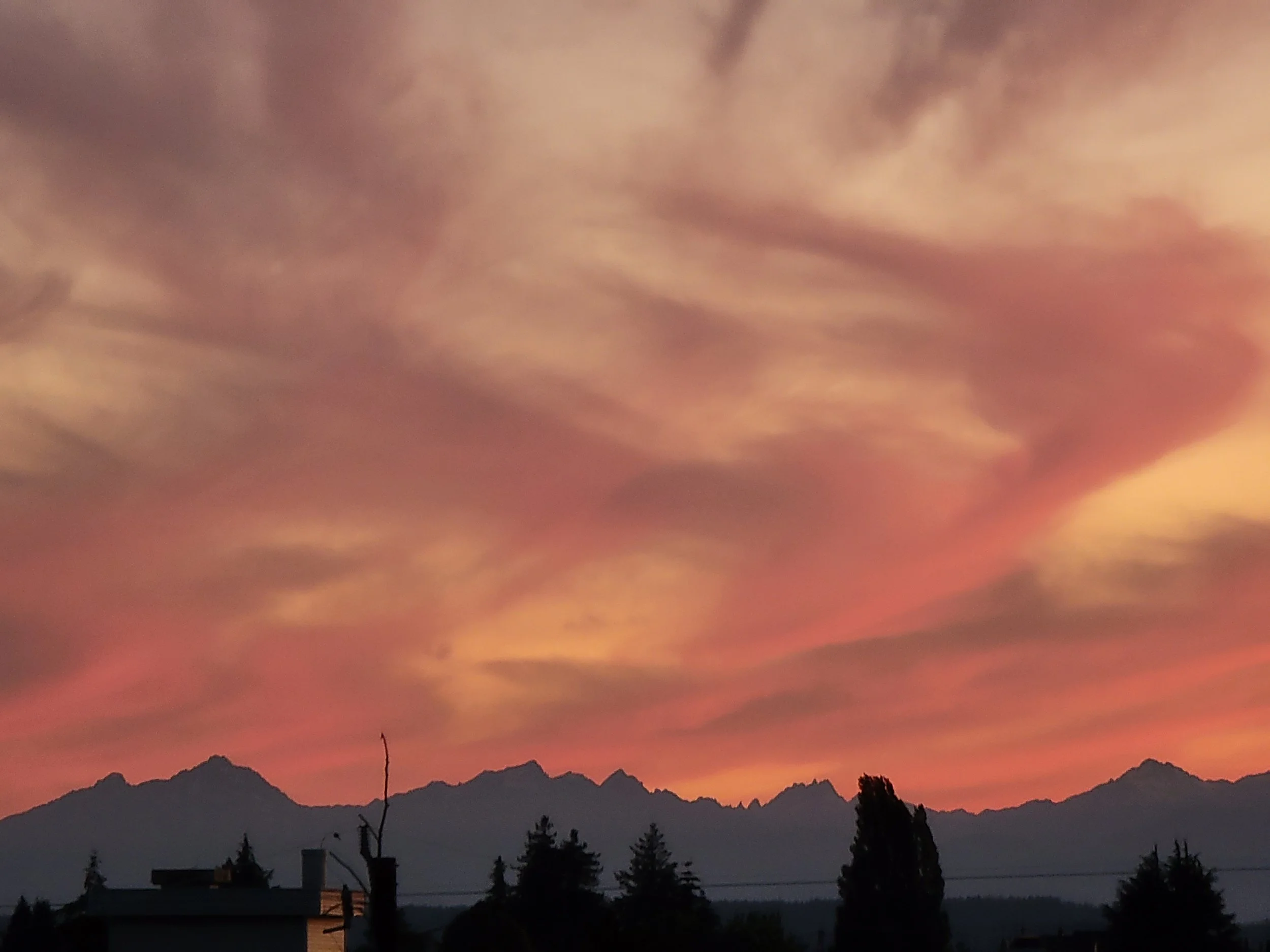 A vibrant sunset sky with pink and orange clouds over silhouette of mountain range and trees.